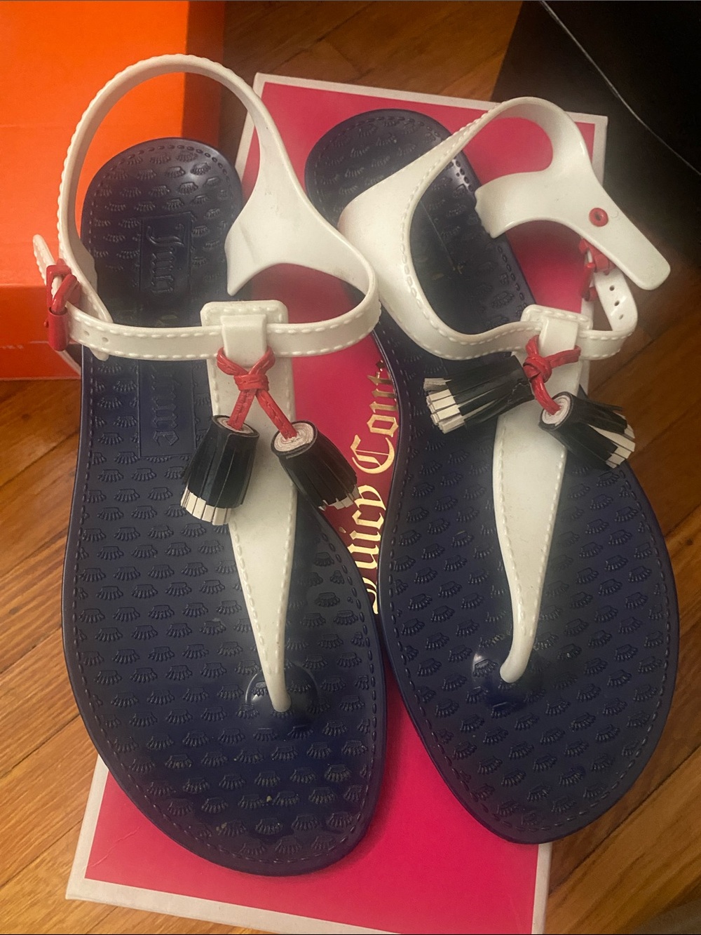 Juicy Couture White and Navy/red Tassel Jelly Sandals